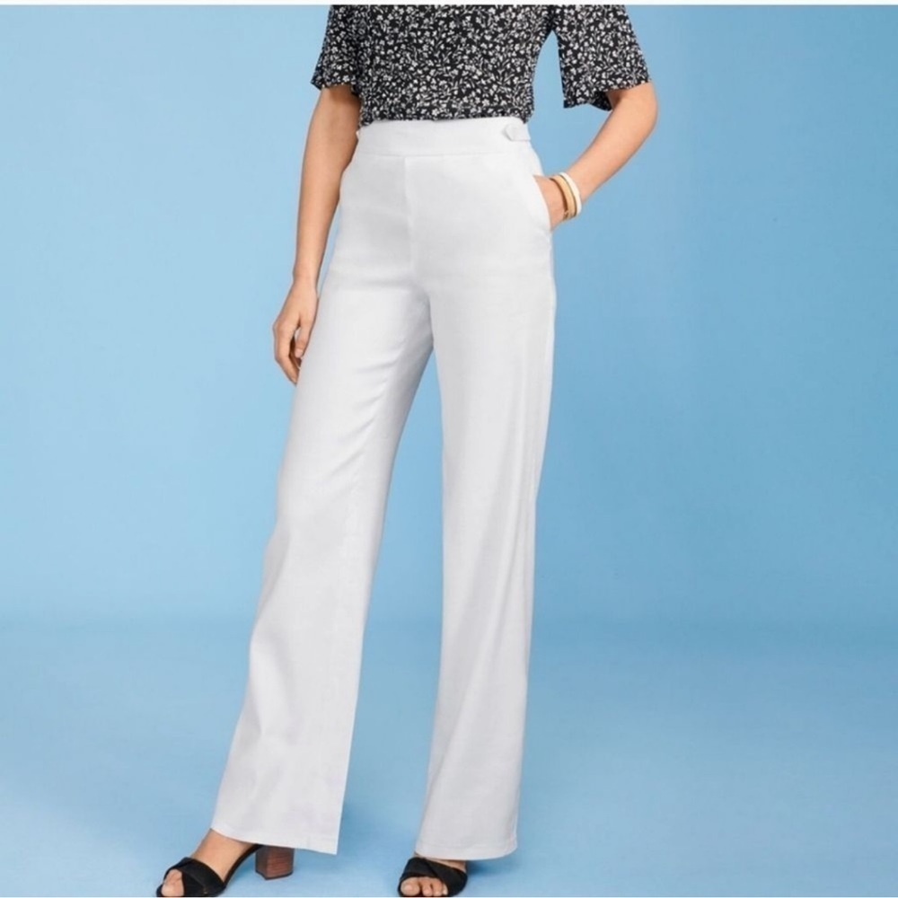 Talbots Windsor Curvy 100% Linen Pants in White wide leg lined classic career